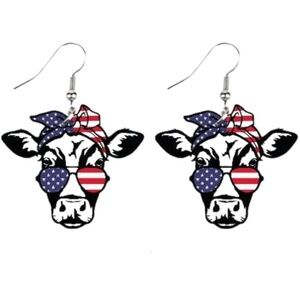 Patriotic Light Wood Cow Earrings